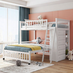 English Elm Wooden Twin Over Full Bunk Bed with Stair Drawers Shelves and Rolling Bottom White LT001531AAK-1