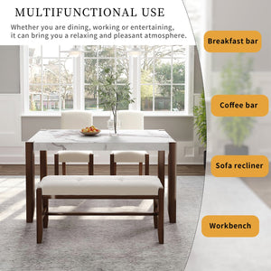 English Elm 4-Piece Modern Dining Set with 46" Faux Marble Table, Upholstered Bench & Chairs, Space-Saving Chic SQ000084AAK