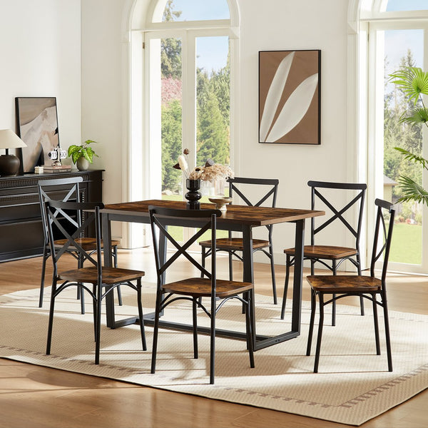 English Elm 7 7-Piece Dining Set Brown MDF & Metal Modern Kitchen Table with 6 Chairs Sturdy 22mm Board, 440lb Chair Capacity, Compact 52x28in Table for Breakfast Nook and Living Room W578S00006