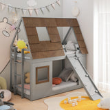 Hearth and Haven Glim Twin Size House Bunk Bed with Ladder, Slide and Roof, Grey and Brown W1716S00006