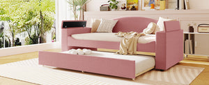 English Elm Twin Upholstered Daybed with Trundle, Built-In Bluetooth Speakers, Teddy Fleece & Storage Arms for Cozy Sleepovers Pink SF000106AAH