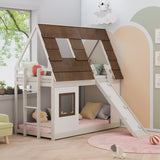 Hearth and Haven Glim Twin Size House Bunk Bed with Ladder, Slide and Roof, Brown and White W1716S00005