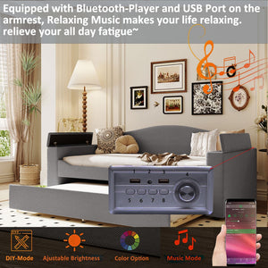 English Elm Twin Upholstered Daybed with Trundle, Built-In Bluetooth Speakers, Teddy Fleece & Storage Arms for Cozy Sleepovers Gray SF000106AAE