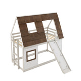 Hearth and Haven Glim Twin Size House Bunk Bed with Ladder, Slide and Roof, Brown and White W1716S00005