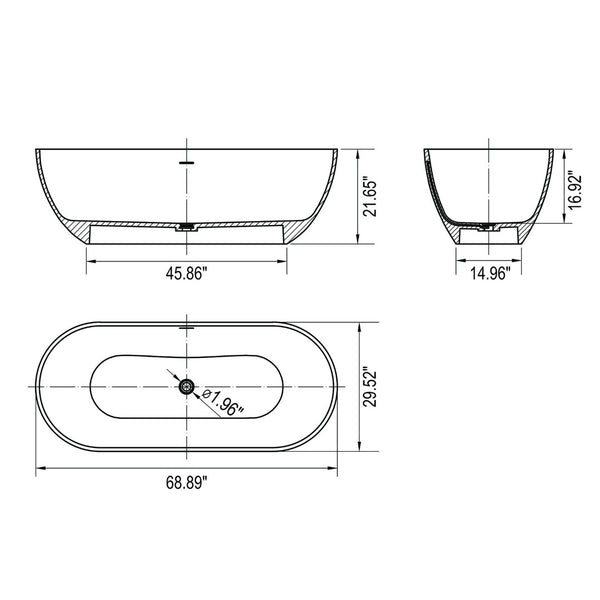 English Elm 68.9 Inch Stone Resin Freestanding Soaking Tub Matte White Spa Bath Ergonomic W1613P160637