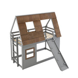 Hearth and Haven Glim Twin Size House Bunk Bed with Ladder, Slide and Roof, Grey and Brown W1716S00006