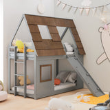 Hearth and Haven Glim Twin Size House Bunk Bed with Ladder, Slide and Roof, Grey and Brown W1716S00006