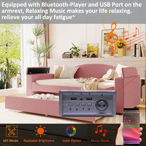 English Elm Twin Upholstered Daybed with Trundle, Built-In Bluetooth Speakers, Teddy Fleece & Storage Arms for Cozy Sleepovers Pink SF000106AAH