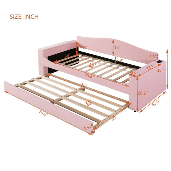 English Elm Twin Upholstered Daybed with Trundle, Built-In Bluetooth Speakers, Teddy Fleece & Storage Arms for Cozy Sleepovers Pink SF000106AAH