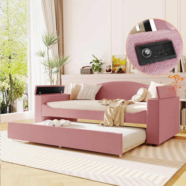 English Elm Twin Upholstered Daybed with Trundle, Built-In Bluetooth Speakers, Teddy Fleece & Storage Arms for Cozy Sleepovers Pink SF000106AAH