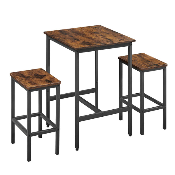 English Elm Bar Table Set Rustic Brown & Black with 2 Industrial Bar Chairs, Space-Saving Stable H-Frame, Waterproof Surface, Adjustable Feet — 23.6"x23.6"x35.4" W1668P143123
