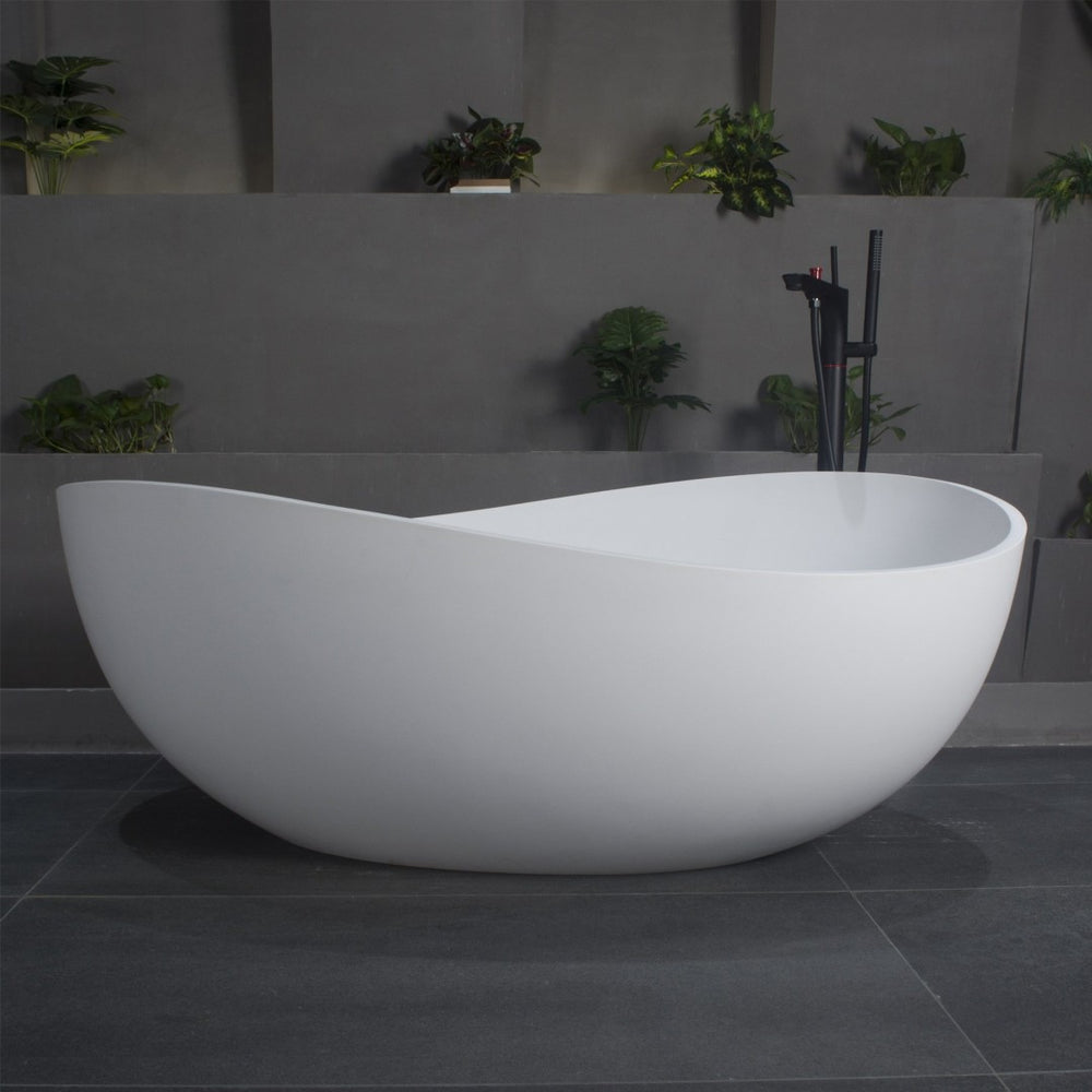 English Elm 63 Inch Stone Resin Freestanding Soaking Tub Matte White Spa Bath for Modern Homes W1613P160639