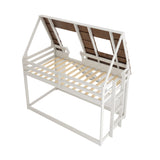 Hearth and Haven Glim Twin Size House Bunk Bed with Ladder, Slide and Roof, Brown and White W1716S00005