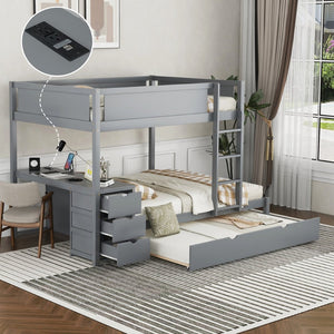 English Elm Full-over-full Bunk Bed with Trundle Desk Drawers and Built-in Power for Kids Gray LT000364AAE