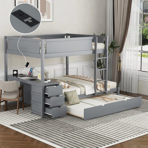 English Elm Full-over-full Bunk Bed with Trundle Desk Drawers and Built-in Power for Kids Gray LT000364AAE-1