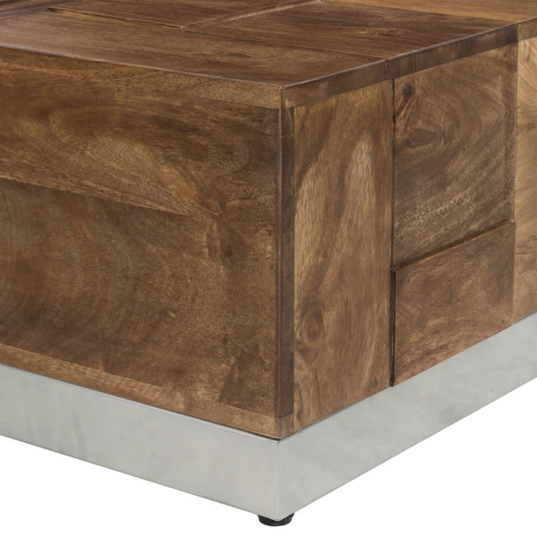 English Elm Luxvil Solid Mango Wood Square Coffee Table Geometric Carved Top Metal Base Living Room B024P156852