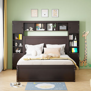 English Elm Queen Platform Bed with Headboard Storage Shelves Built-in Outlets and Trundle Drawer Espresso LP000842AAP