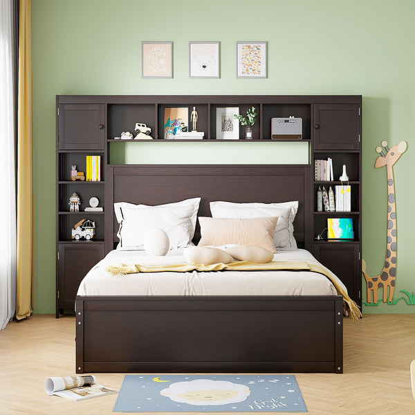 English Elm Queen Platform Bed with Headboard Storage Shelves Built-in Outlets and Trundle Drawer Espresso LP000842AAP