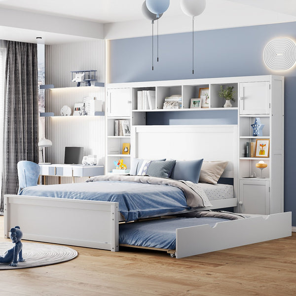 English Elm Full Platform Bed with Storage Headboard Built-in Outlets Shelving and Twin Trundle White LP000642AAK