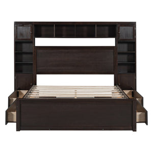 English Elm Queen Storage Bed with Shelving Cabinets Built-in Outlets and Four Under Drawers Espresso LP000742AAP