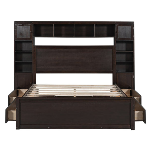 English Elm Queen Storage Bed with Shelving Cabinets Built-in Outlets and Four Under Drawers Espresso LP000742AAP
