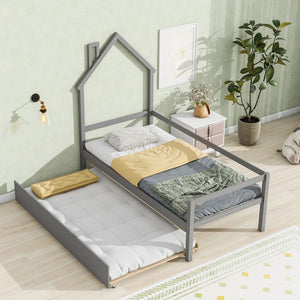 Hearth and Haven Twin House Wooden Daybed with Trundle, Twin House-Shaped Headboard Bed with Guardrails, Grey W504102750