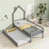Twin House Wooden Daybed with Trundle, Twin House-Shaped Headboard Bed with Guardrails, Grey