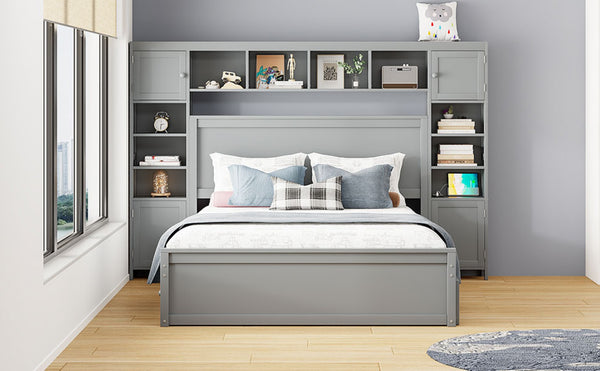 English Elm Queen Platform Bed with Headboard Storage Shelves Built-in Outlets and Trundle Drawer Gray LP000842AAE