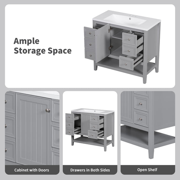English Elm 36" Stylish Bathroom Vanity With Ceramic Sink, Solid Wood, 1 Cabinet & 3 Drawers, Grey Finish N725P246500E