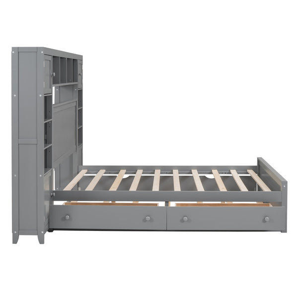 English Elm Full Platform Bed with Storage Headboard Built-in Outlets Shelving and Twin Trundle Gray LP000642AAE