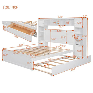 English Elm Queen Platform Bed with Headboard Storage Shelves Built-in Outlets and Trundle Drawer White LP000842AAK