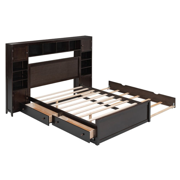 English Elm Full Platform Bed with Storage Headboard Built-in Outlets Shelving and Twin Trundle Espresso LP000642AAP