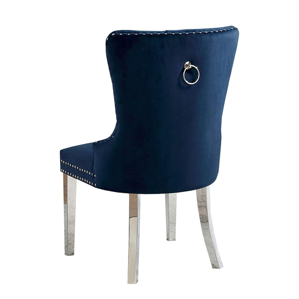 English Elm Set of 2 Wingback Dining Chairs in Blue Flannelette Velvet with Button Tufting, Studs & Chrome Legs B016P156857