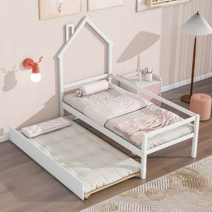Hearth and Haven Twin House Wooden Daybed with Trundle, Twin House-Shaped Headboard Bed with Guardrails, White W504102751