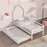 Twin House Wooden Daybed with Trundle, Twin House-Shaped Headboard Bed with Guardrails, White