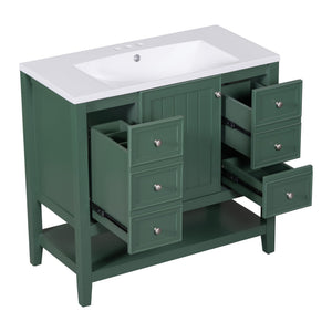 English Elm 36" Bathroom Vanity With Ceramic Sink, Solid Wood, 3 Drawers & Adjustable Shelf In Elegant Green Finish N725P246500G