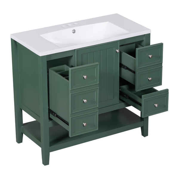 English Elm 36" Bathroom Vanity With Ceramic Sink, Solid Wood, 3 Drawers & Adjustable Shelf In Elegant Green Finish N725P246500G