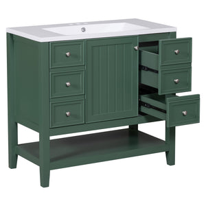 English Elm 36" Bathroom Vanity With Ceramic Sink, Solid Wood, 3 Drawers & Adjustable Shelf In Elegant Green Finish N725P246500G