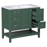 English Elm 36" Bathroom Vanity With Sink Combo, One Cabinet and Three Drawers, Solid Wood and Mdf Board, Green