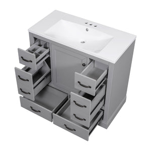 English Elm 36" Modern Bathroom Vanity with Ceramic Sink, Six Drawers, Adjustable Shelf, Solid Wood Build Grey SY999808AAE-6