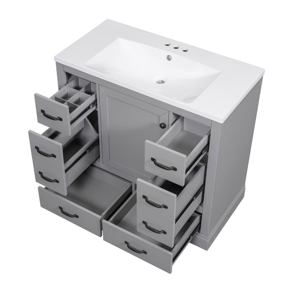 English Elm 36" Modern Bathroom Vanity with Ceramic Sink, Six Drawers, Adjustable Shelf, Solid Wood Build Grey SY999808AAE-6