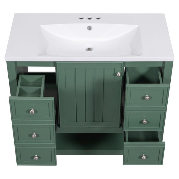 English Elm 36" Bathroom Vanity With Ceramic Sink, Solid Wood, 3 Drawers & Adjustable Shelf In Elegant Green Finish N725P246500G