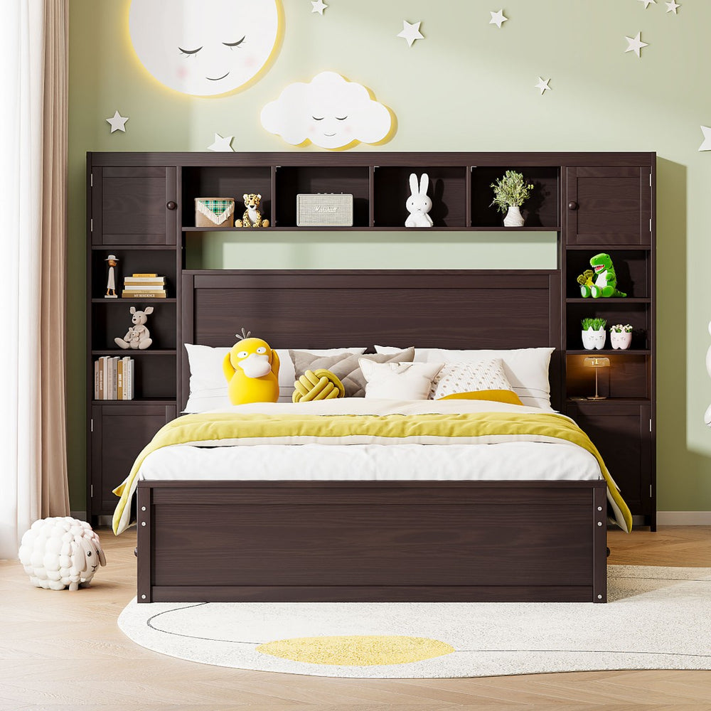 English Elm Queen Storage Bed with Shelving Cabinets Built-in Outlets and Four Under Drawers Espresso LP000742AAP