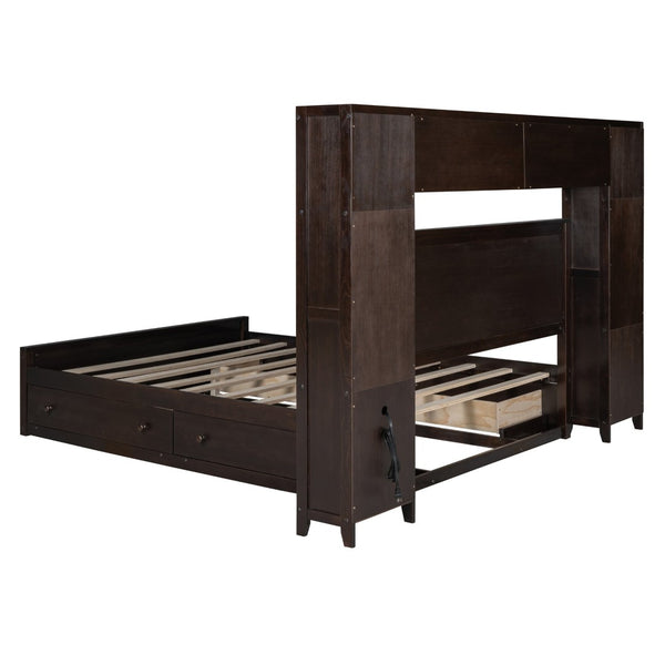 English Elm Queen Storage Bed with Shelving Cabinets Built-in Outlets and Four Under Drawers Espresso LP000742AAP