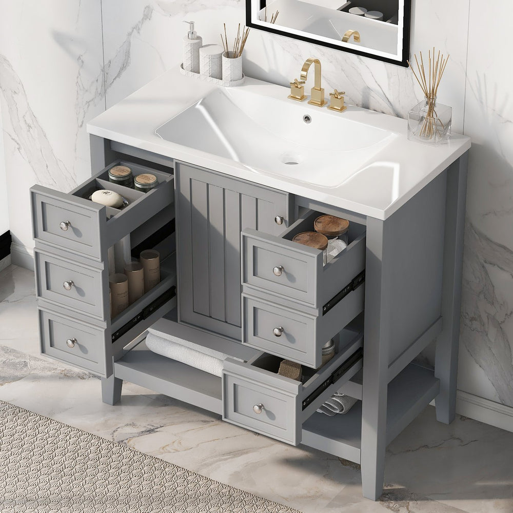 English Elm 36" Stylish Bathroom Vanity With Ceramic Sink, Solid Wood, 1 Cabinet & 3 Drawers, Grey Finish N725P246500E