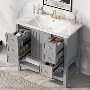 English Elm 36" Stylish Bathroom Vanity With Ceramic Sink, Solid Wood, 1 Cabinet & 3 Drawers, Grey Finish N725P246500E
