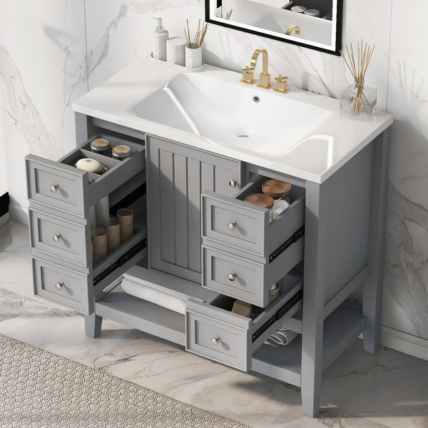 English Elm 36" Stylish Bathroom Vanity With Ceramic Sink, Solid Wood, 1 Cabinet & 3 Drawers, Grey Finish N725P246500E