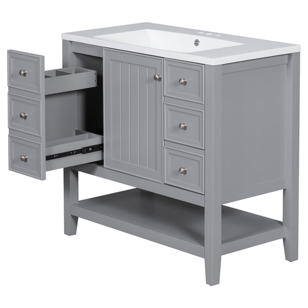 English Elm 36" Stylish Bathroom Vanity With Ceramic Sink, Solid Wood, 1 Cabinet & 3 Drawers, Grey Finish N725P246500E