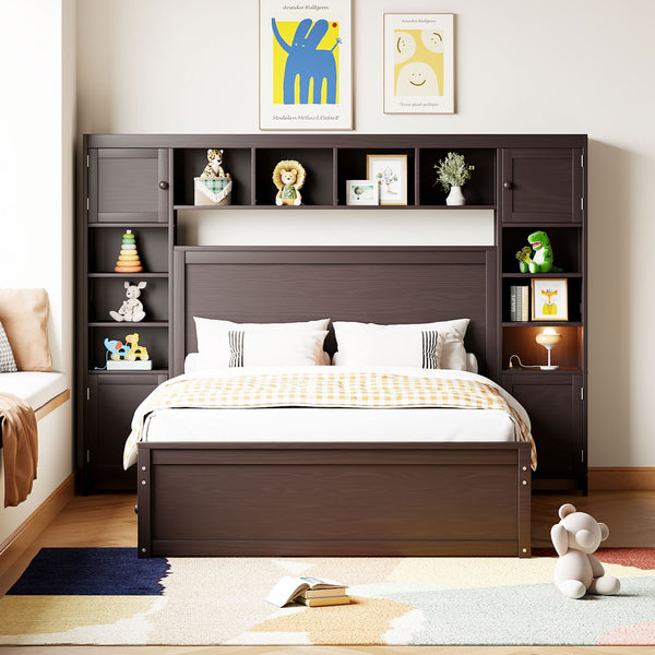 English Elm Full Platform Bed with Storage Headboard Built-in Outlets Shelving and Twin Trundle Espresso LP000642AAP
