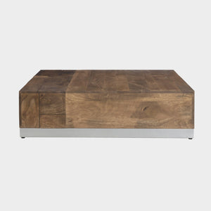 English Elm Luxvil Solid Mango Wood Square Coffee Table Geometric Carved Top Metal Base Living Room B024P156852